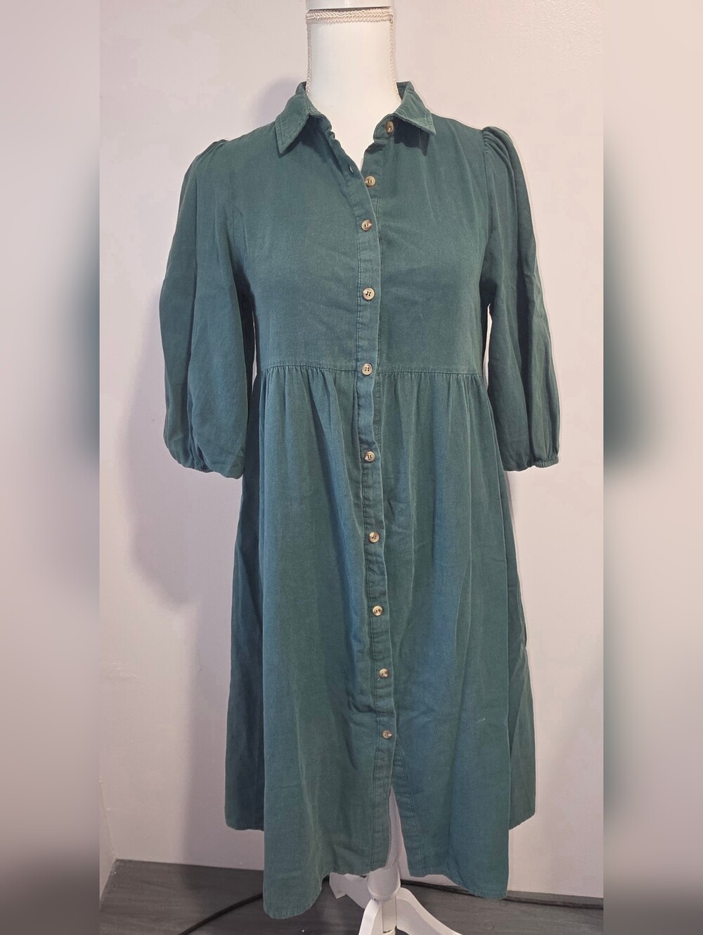 Baltic Born Puff Sleeved Forest Green Button-Front Midi Dress Women's Size S
